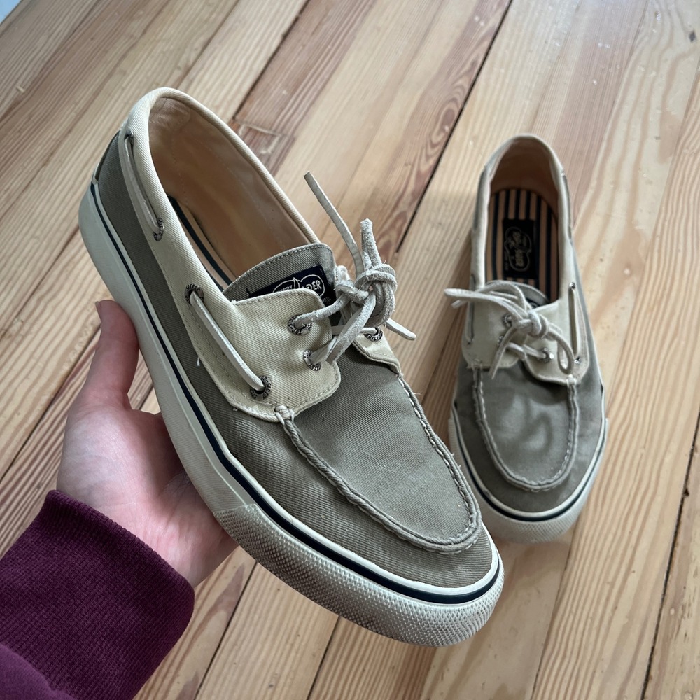 Sperry Top-Sider Bahama Boat Shoes Men 10 Olive Green Beige Canvas Casual Loafer